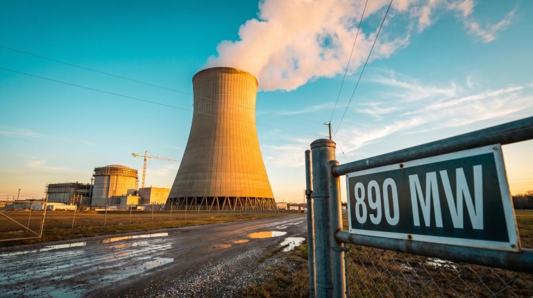 Operating nuclear cooling tower beside an unbuilt reactor shell, illustrating hyperscalers nuclear stocks and 890 MW uprates