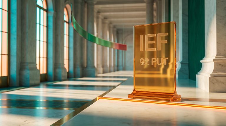Amber glass IEF 92 put options placard in a columned Federal Reserve-style hall ahead of the FOMC decision