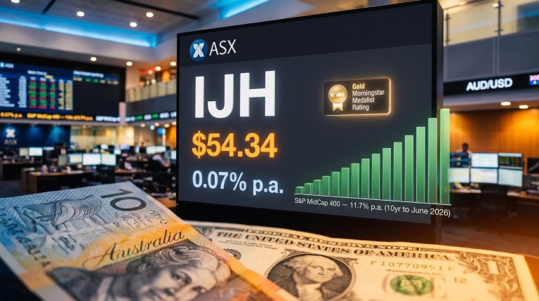 IJH ETF ASX trading screen showing Gold Morningstar rating, $54.34 price and 0.07% fee with AUD/USD currency notes