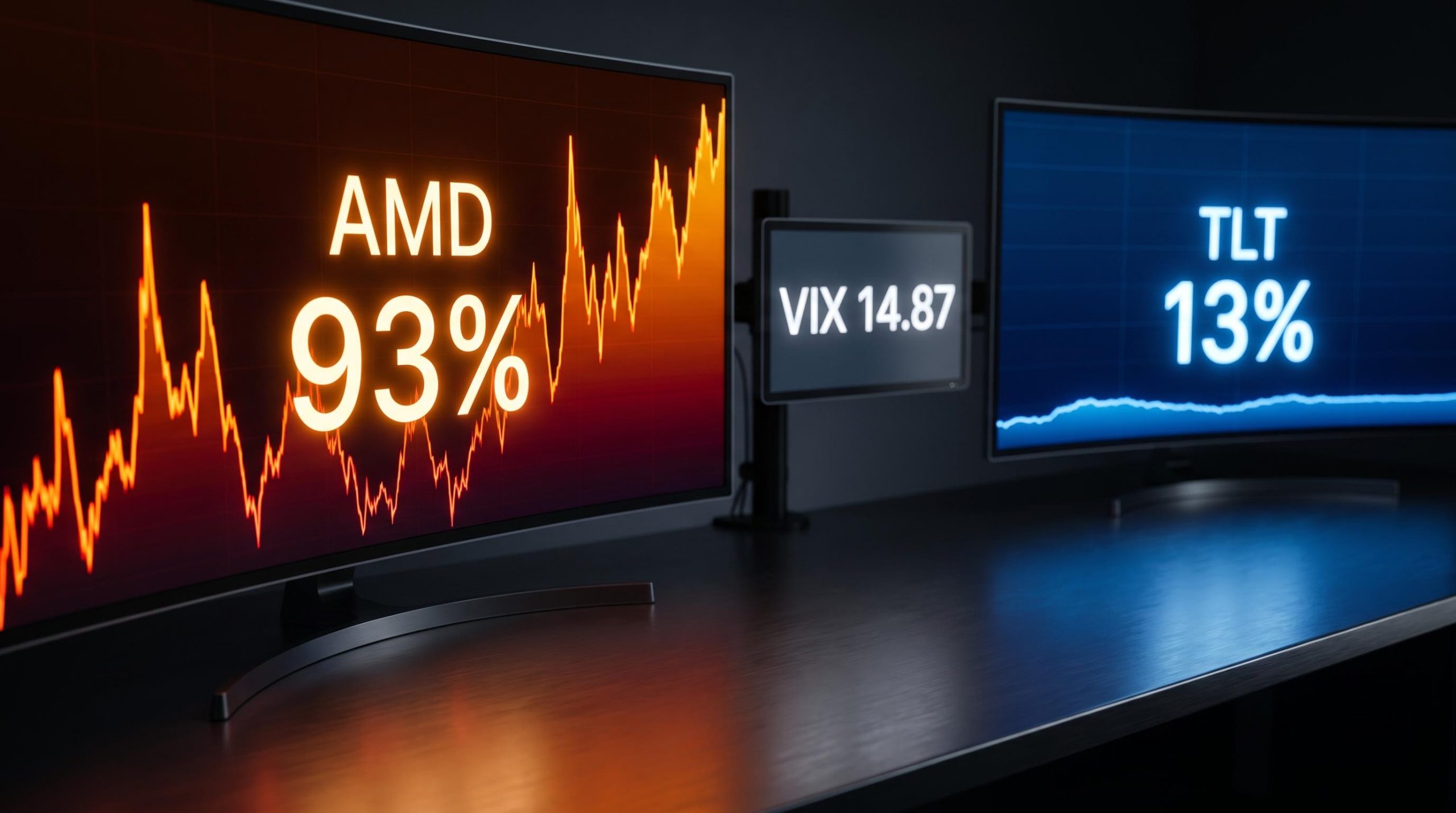AMD at 93% IV versus TLT at 13% IV on trading screens illustrating implied volatility options strategy divergence