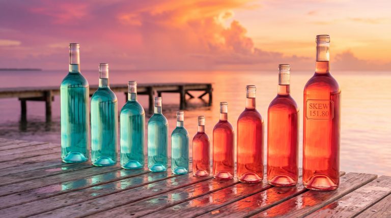 Glass bottles with uneven red and turquoise liquid levels on a pier illustrate implied volatility skew and put demand