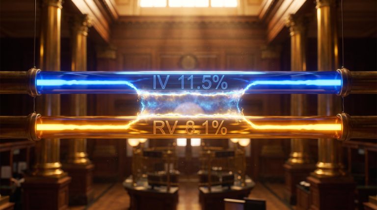 Glowing IV vs realised volatility spread rendered as suspended glass tubes, illustrating the options volatility risk premium