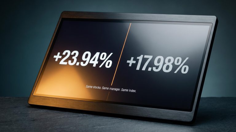 Split financial terminal showing +23.94% vs +17.98% — income fund portfolio construction currency hedging gap