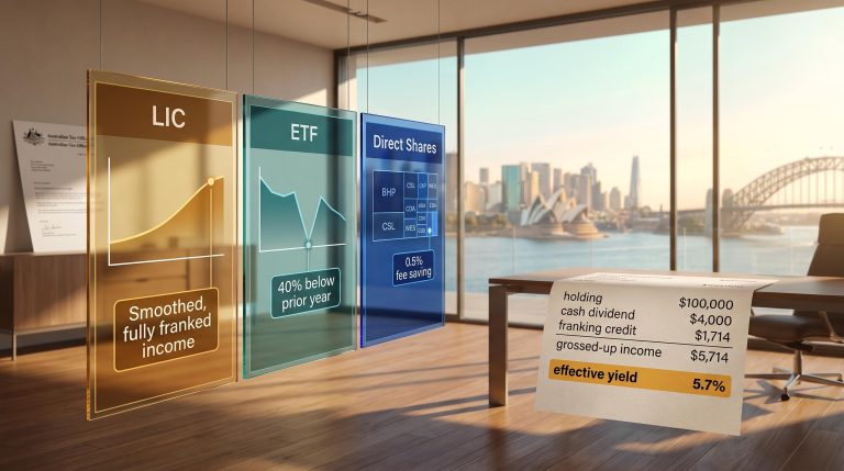 LIC, ETF, and direct share income structures compared with franking credit yield calculation for Australian income investing