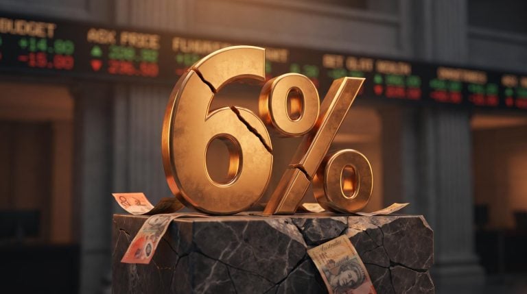 Cracked gold '6%' sculpture on fractured plinth with ASX ticker blur — income investing yield trap concept