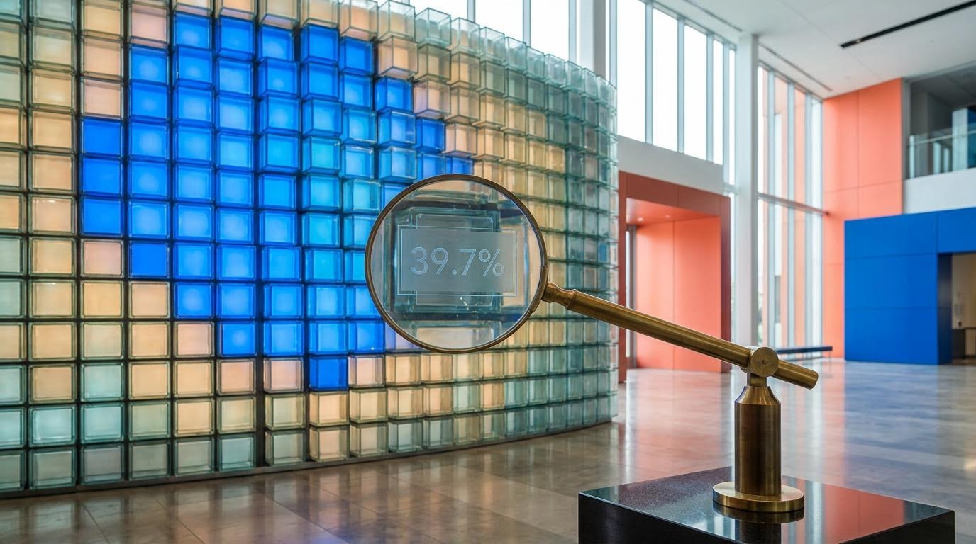 Magnifying glass over a glass-cube wall showing 39.7% tech weight, illustrating index fund tech concentration in the S&P 500