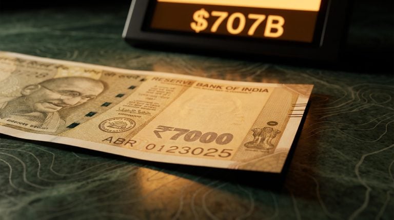 Indian Rupee banknote under analytical lighting with $707B reserve figure — RBI hawkish pivot and INR forecast
