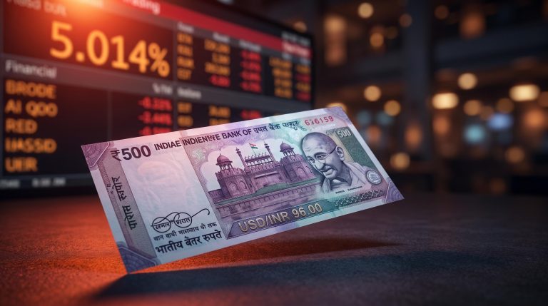 Indian rupee note in sharp focus with USD/INR at 96.00 as US 10-year yield hits 5.014% in background