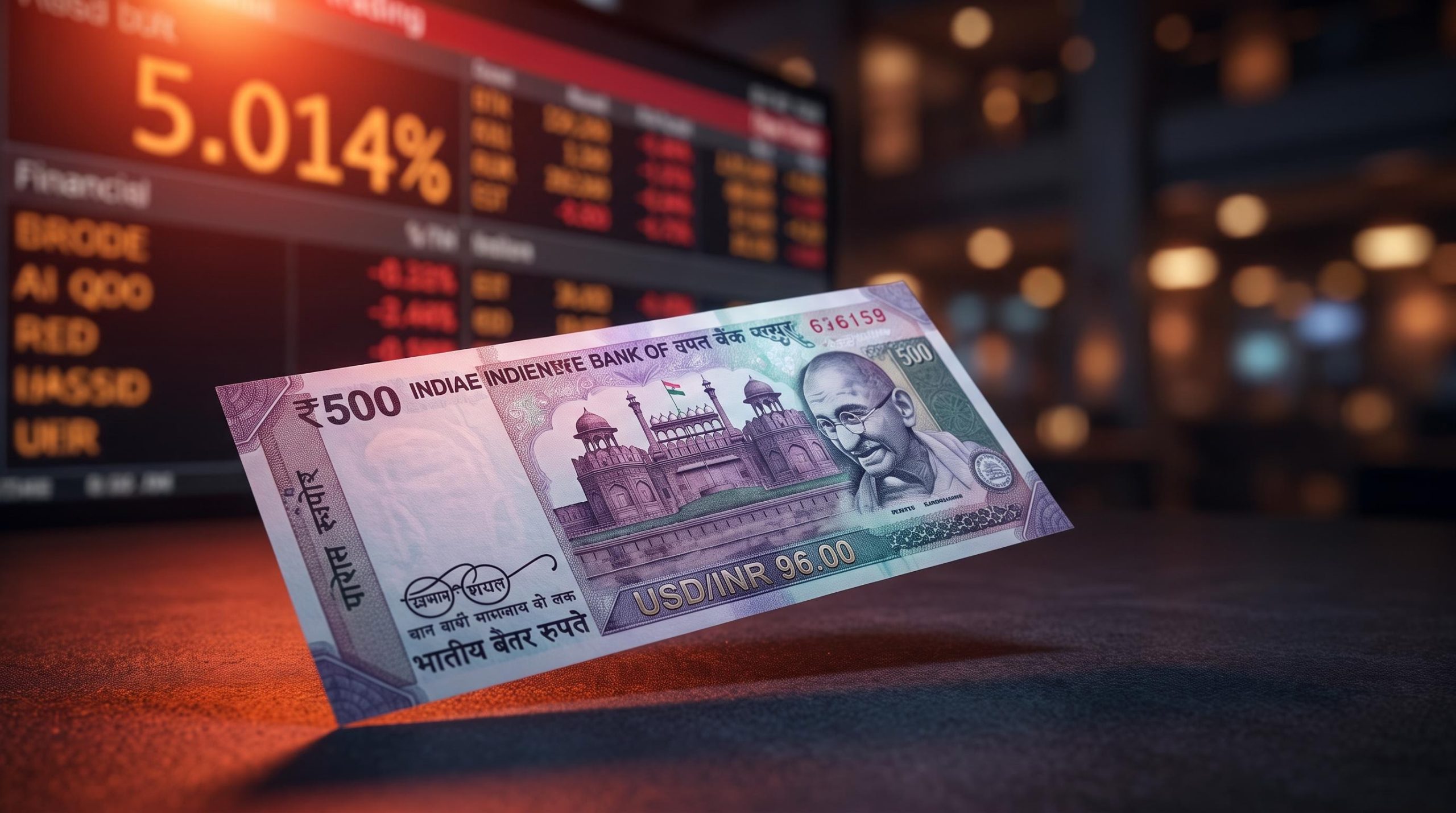 Indian rupee note in sharp focus with USD/INR at 96.00 as US 10-year yield hits 5.014% in background
