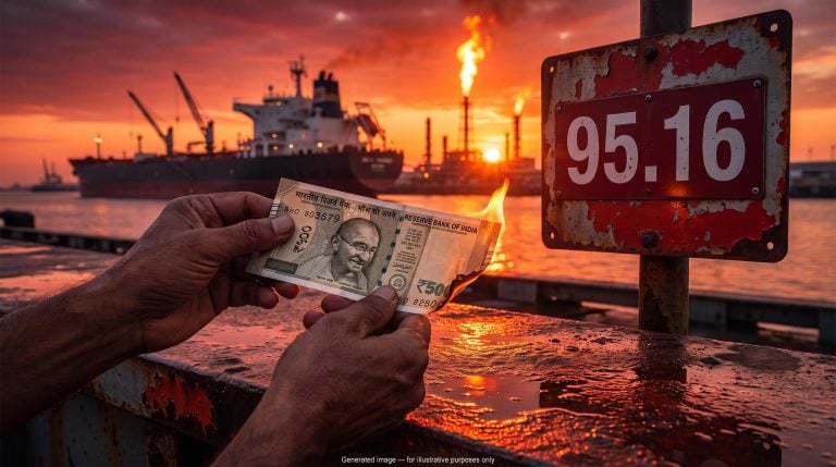 Scorched rupee banknote at an oil terminal beside a "95.16" sign, showing Indian rupee pressure from oil and Gulf risk