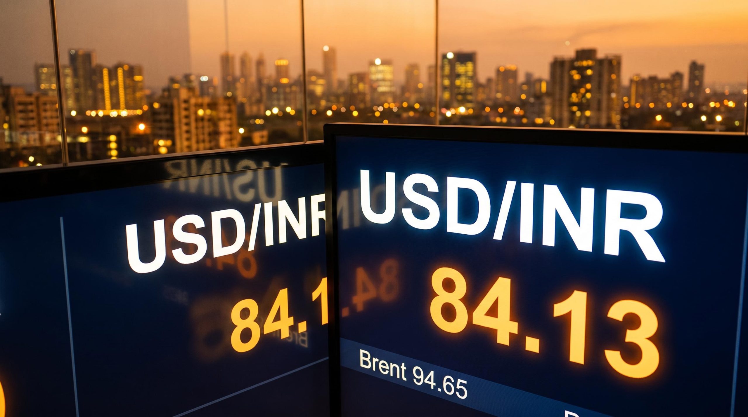 USD/INR rate of 84.13 on a forex terminal against Mumbai's BKC skyline as the Indian rupee slides