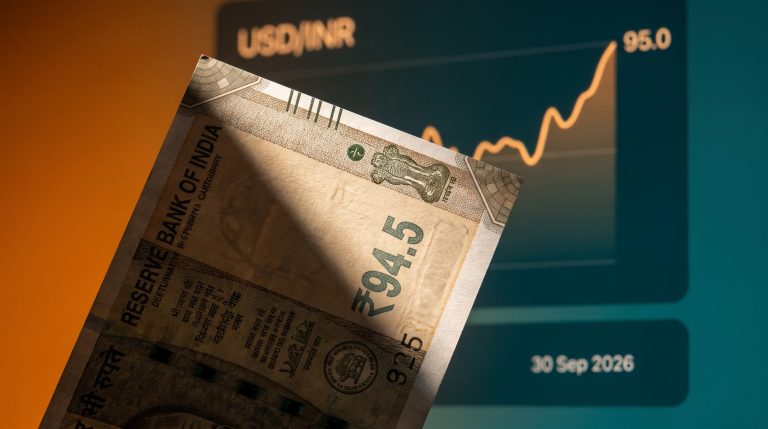 Indian rupee banknote with USD/INR rate 94.5 and rising trend line against saffron-teal backdrop