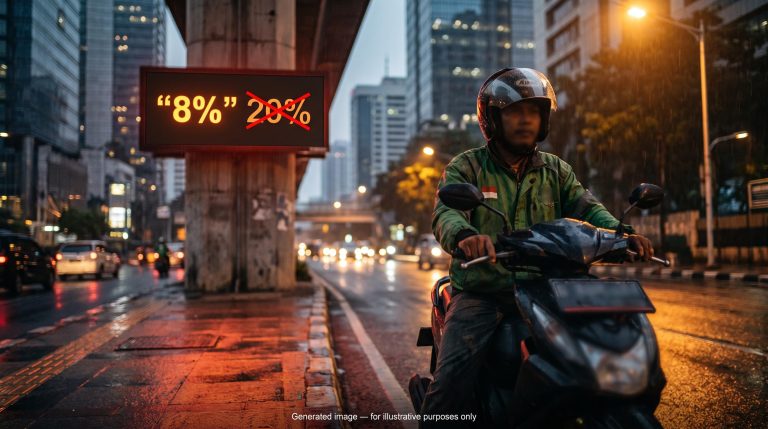 Jakarta ojol motorcycle driver facing an 8% commission cap screen — Southeast Asia gig economy regulatory risk