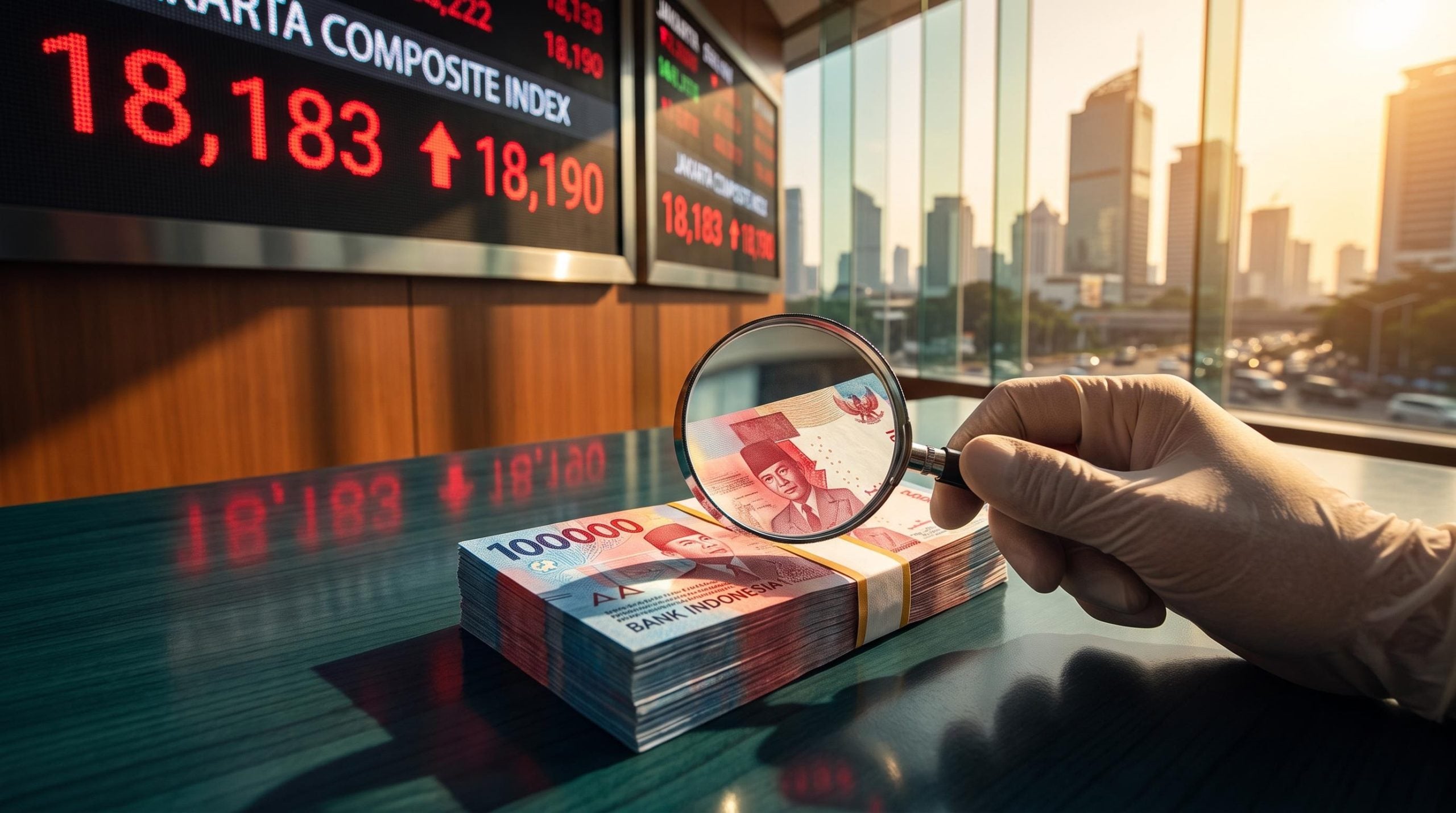 Magnifying loupe over rupiah banknotes before a Jakarta board showing 18,183, illustrating the Indonesian Rupiah outlook