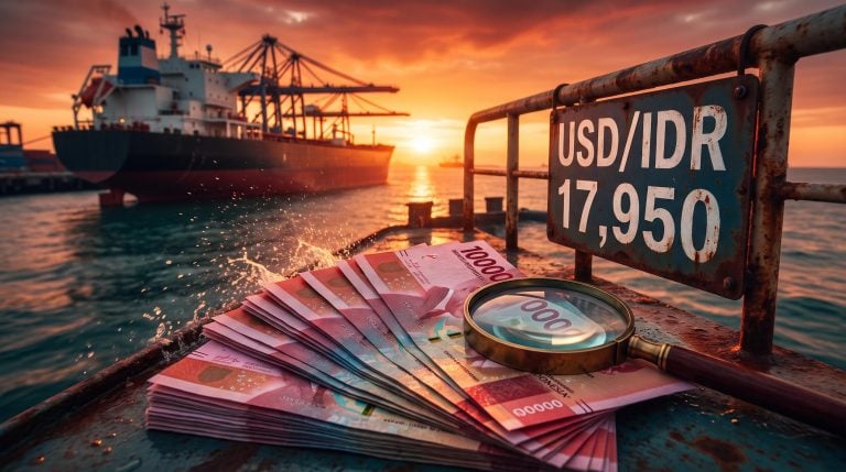 Magnified rupiah notes on a tanker deck with USD/IDR 17,950 sign as the Indonesian rupiah comes under pressure