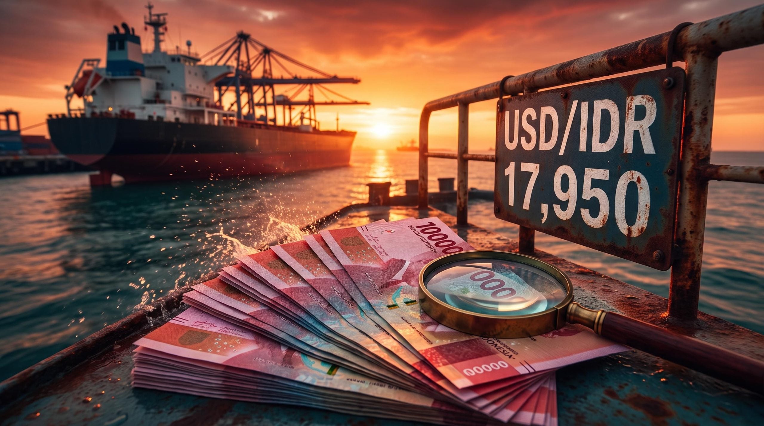 Magnified rupiah notes on a tanker deck with USD/IDR 17,950 sign as the Indonesian rupiah comes under pressure
