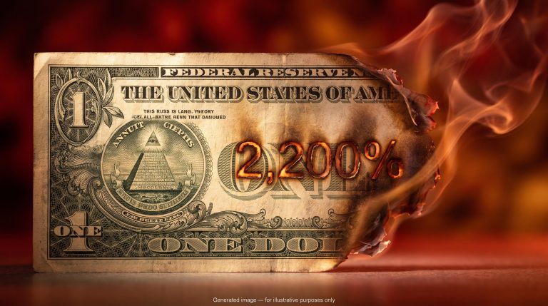 US dollar bill dissolving with '2,200%' inflation figure burned into its surface, visualising inflation wealth transfer