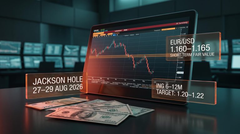 EUR/USD trading below ING fair value band 1.160–1.165 with Jackson Hole 2026 as dollar catalyst