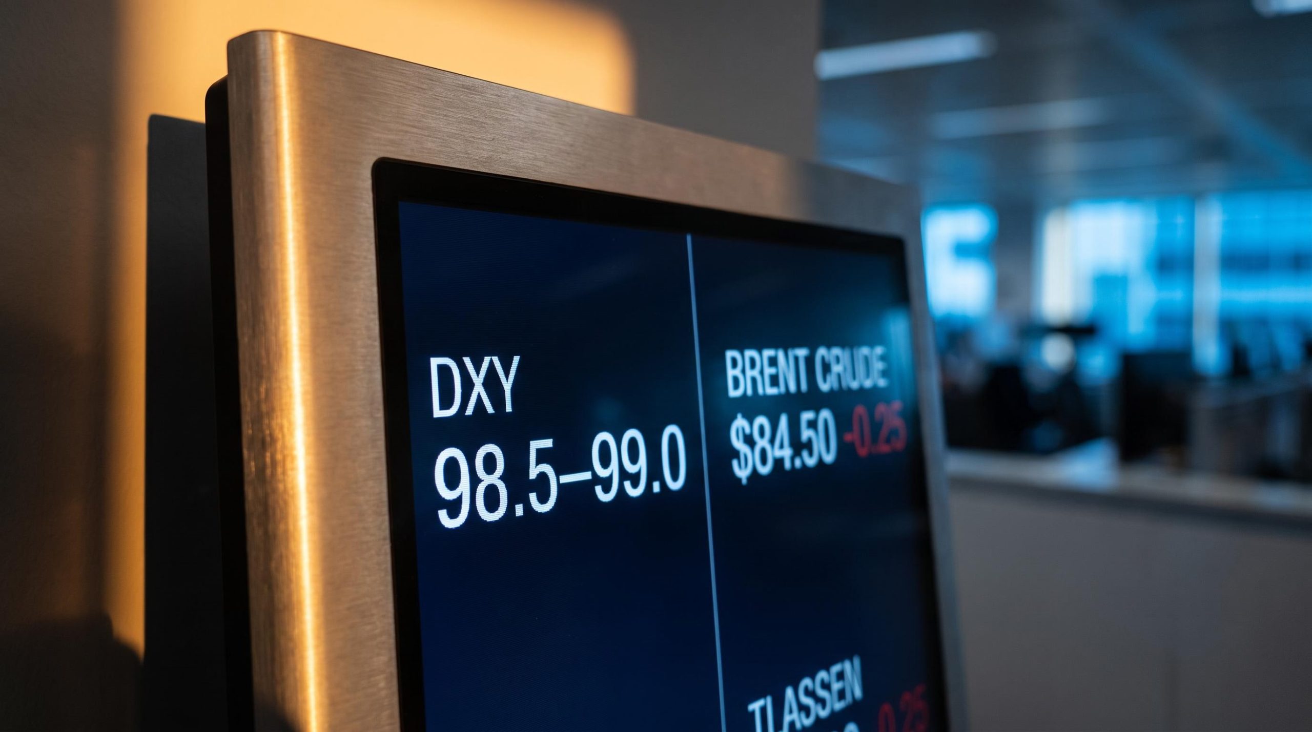 Financial terminal showing DXY 98.5–99.0 and Brent crude ticker — ING USD outlook two-signal framework
