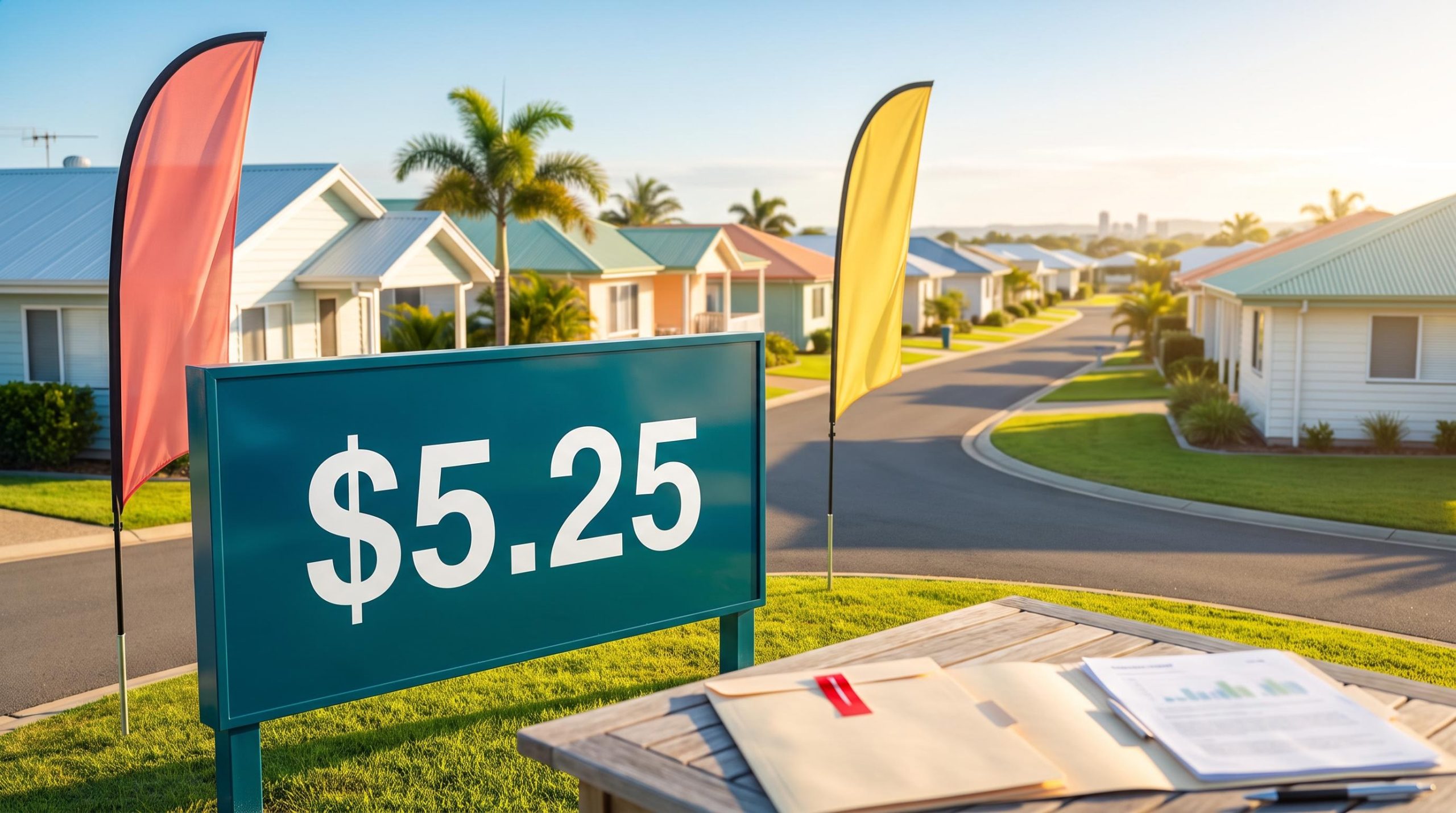Estate entrance sign showing $5.25 beside rival banners, illustrating the Ingenia Communities takeover contest