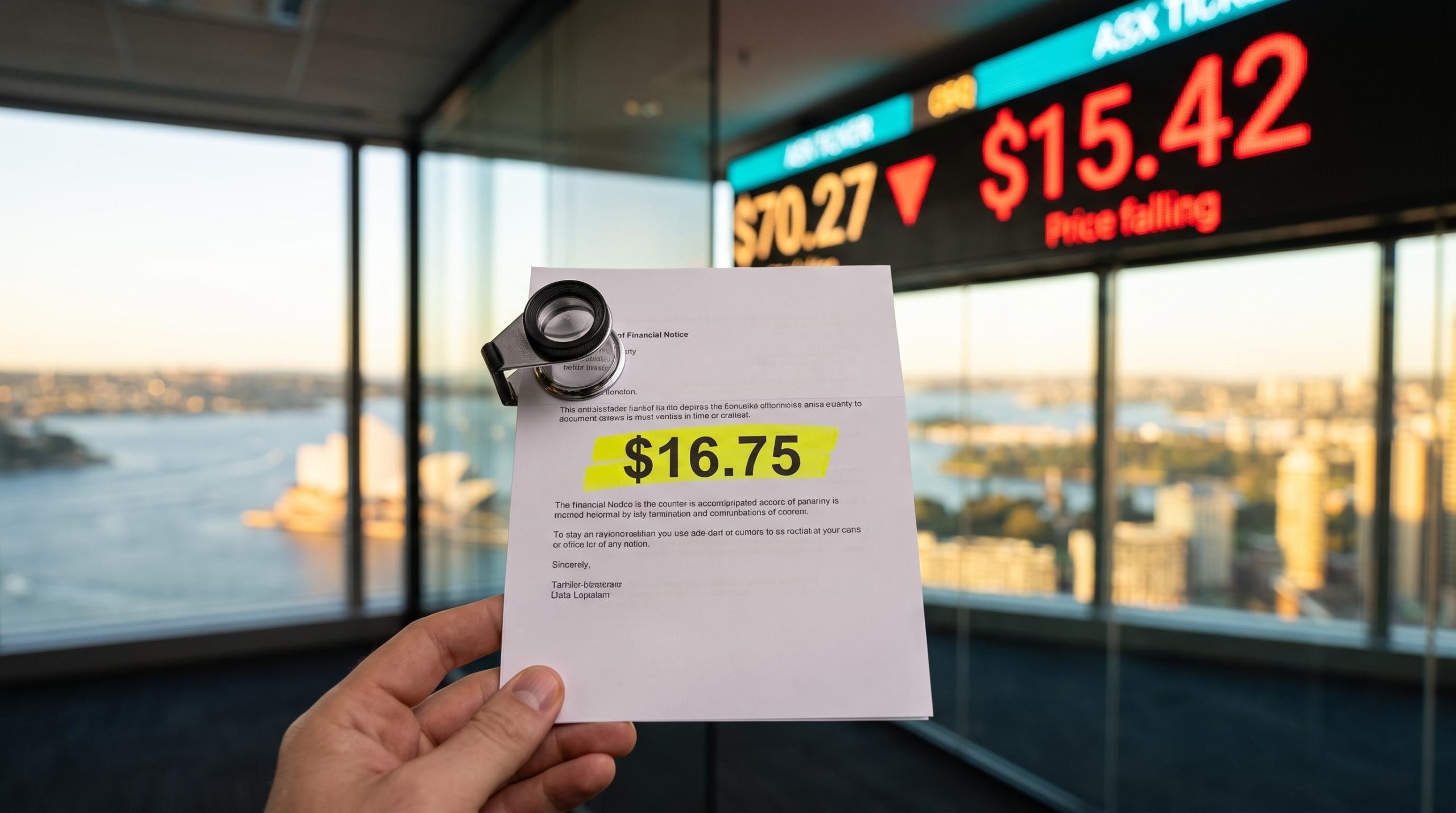 Director share purchase filing at $16.75 beside a falling ticker at $15.42, illustrating insider buying ASX signals