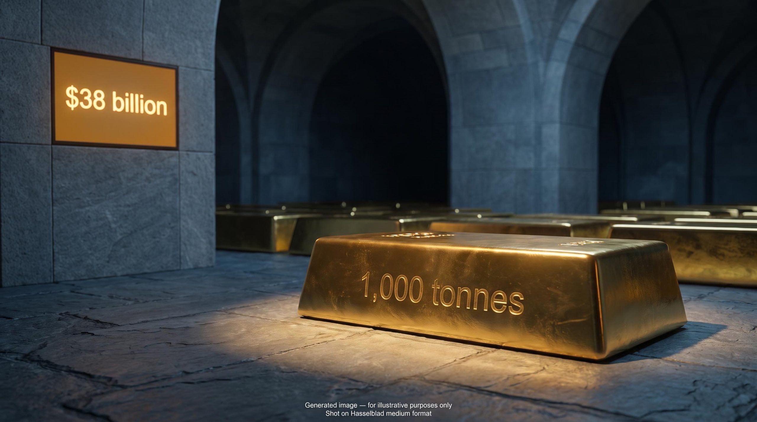 Sovereign gold bullion vault with "1,000 tonnes" engraved bar — institutional case for gold structural demand