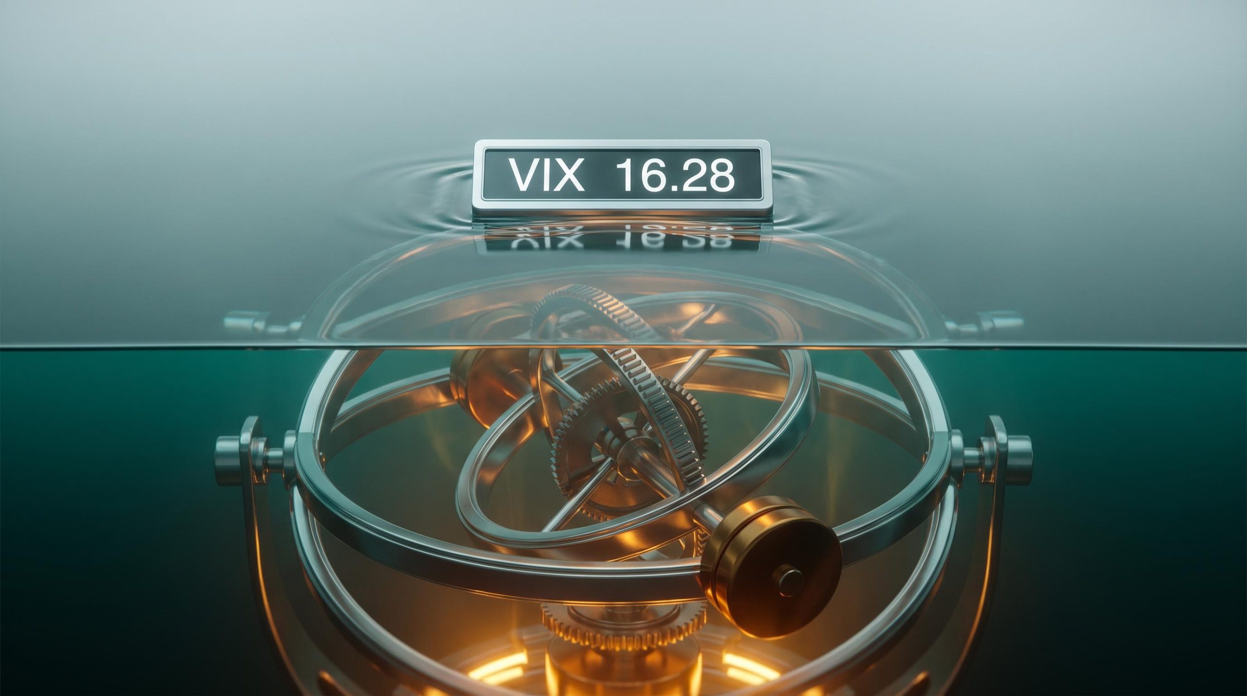VIX 16.28 panel floating above calm water while a vast submerged mechanism signals institutional downside protection building beneath