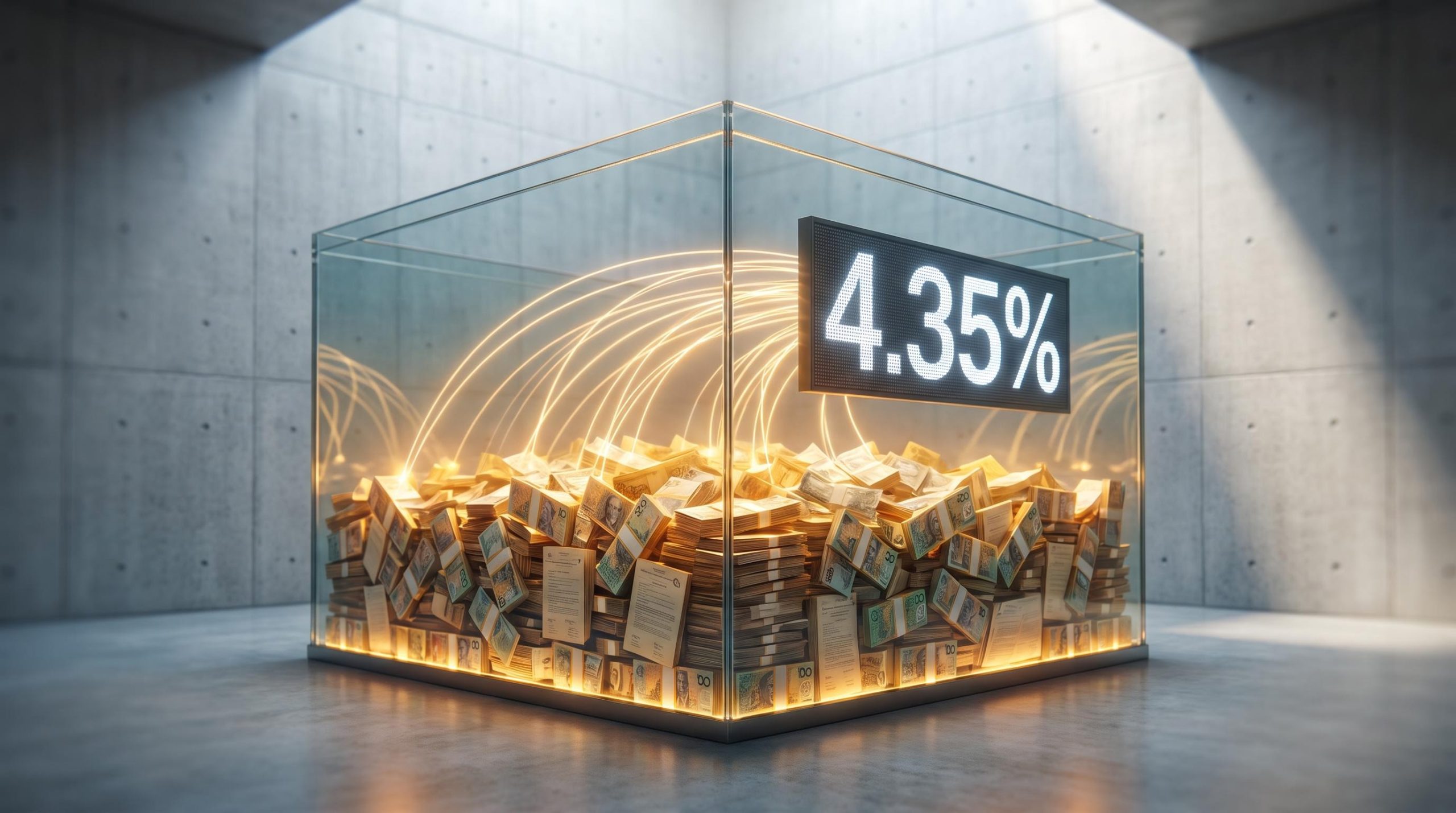 Glowing insurance float reservoir with 4.35% RBA rate display — how insurers profit from high interest rates
