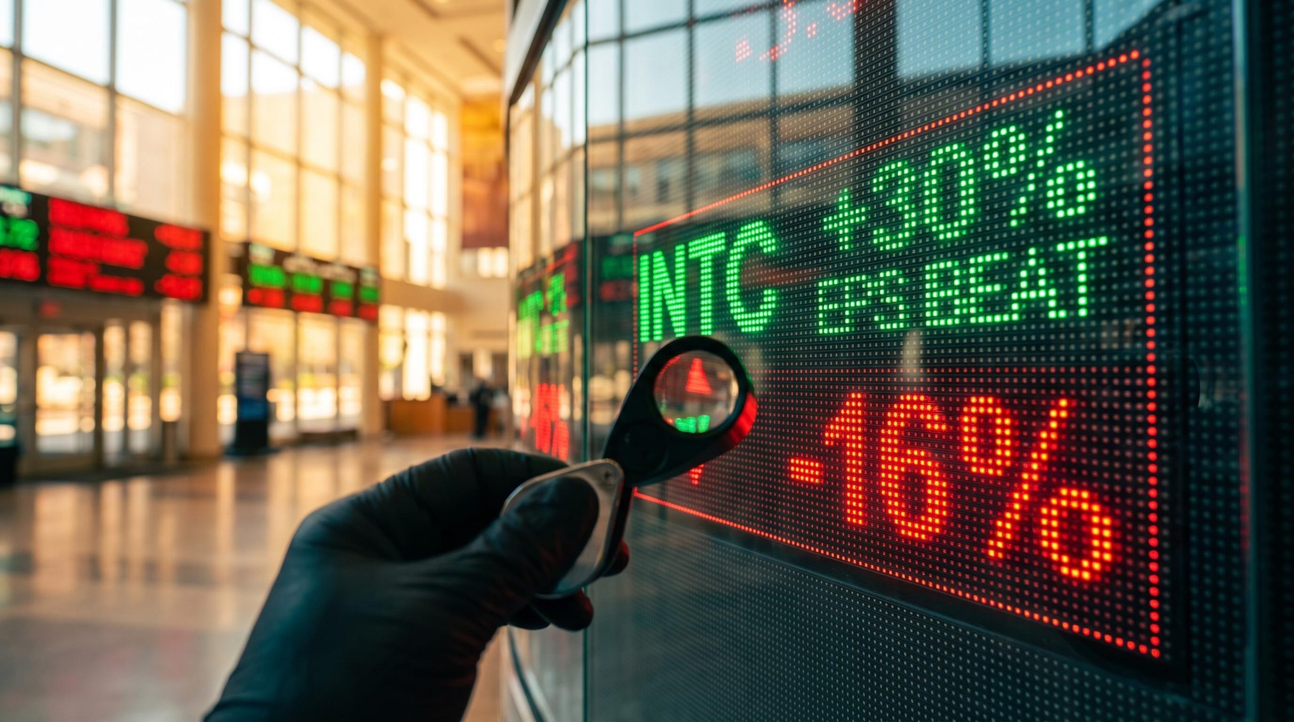 Stock ticker board showing Intel's 30% EPS beat beside a 16% drop in a sell the news market, viewed through a loupe