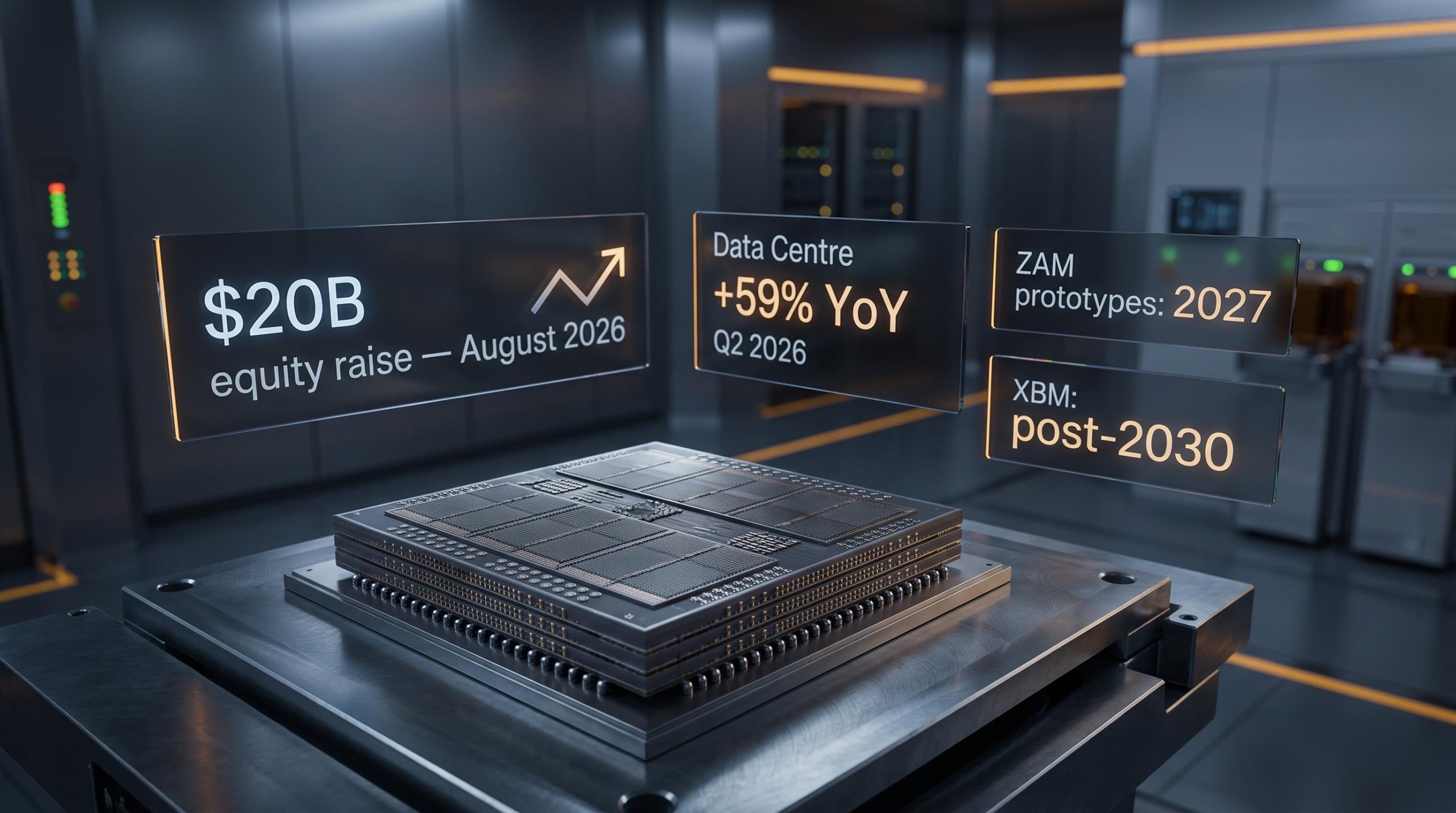 Stacked DRAM chip under analytical lighting with Intel ZAM and XBM memory programme data overlays