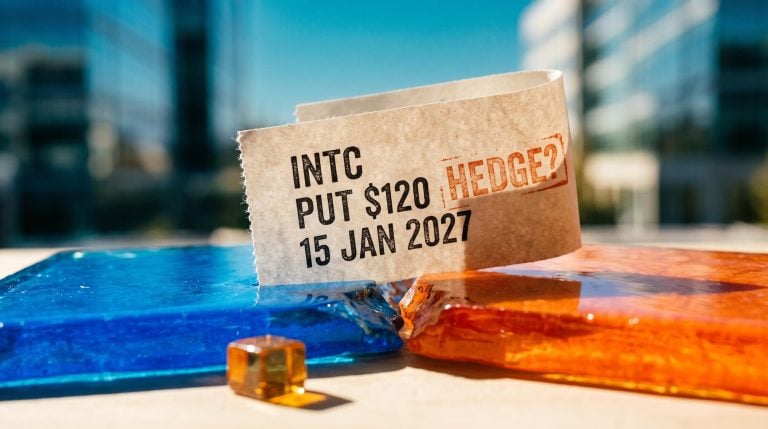 Intel put options trade slip stamped $120 15 Jan 2027 with a hedge question mark on split blue and orange resin