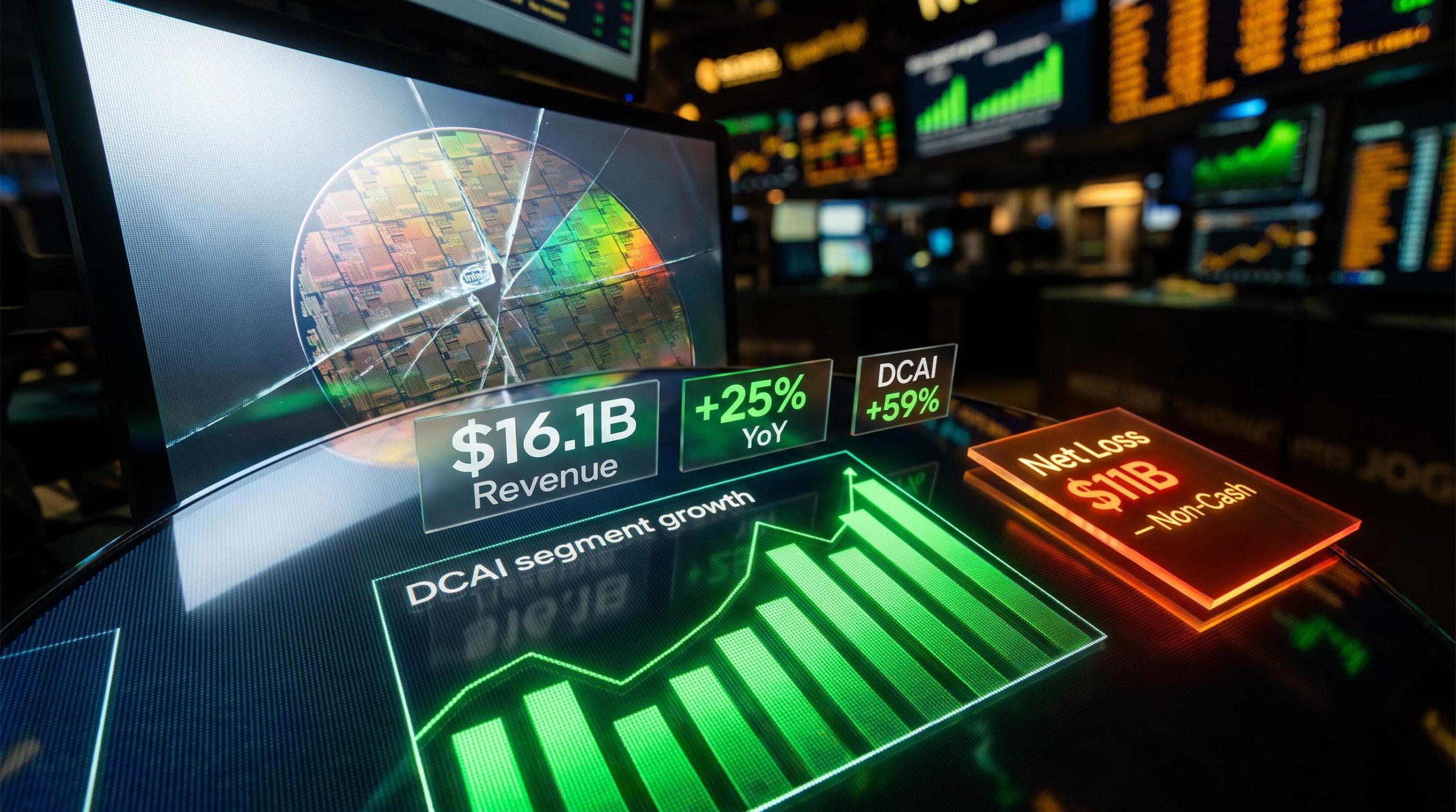 Intel Q2 2026 trading screen showing $16.1B revenue and DCAI 59% growth against $11B non-cash loss panel