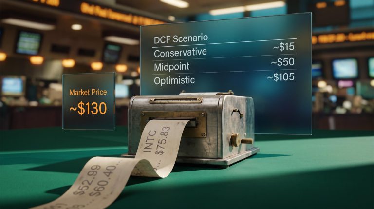 Intel valuation DCF model showing $75.83 peak price vs ~$130 market price above $105 optimistic ceiling