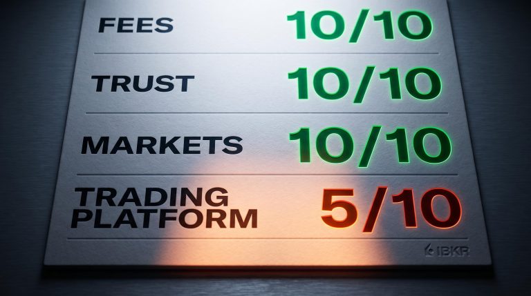 Interactive Brokers 2026 scorecard showing three perfect 10/10 scores against a stark 5/10 platform rating