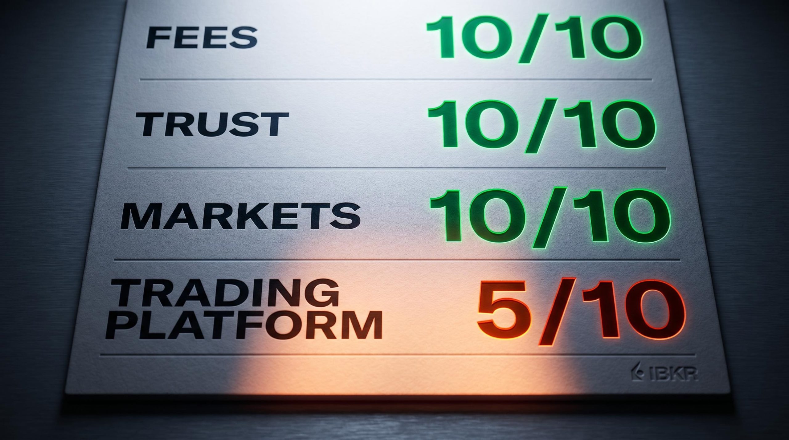 Interactive Brokers 2026 scorecard showing three perfect 10/10 scores against a stark 5/10 platform rating