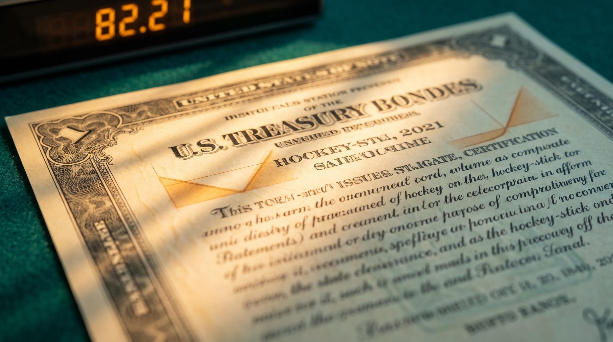 US Treasury bond certificate with hidden options payoff curves in its fibres, MOVE Index at 82.21 on background terminal