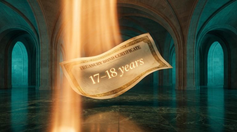 Giant Treasury bond certificate warping under rising yield pressure, illustrating duration risk in long-term bond ETFs