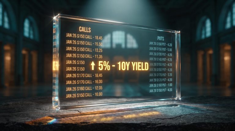 Glass options chain with 5% Treasury yield glowing amber as interest rates skew call and put premiums on LEAPS