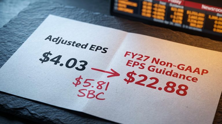 Intuit earnings analyst note showing $4.03 adjusted EPS alongside FY27 guidance gap annotated with $5.81 SBC impact