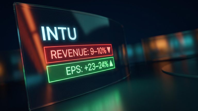 Intuit stock analysis: trading terminal showing INTU's divergent 9-10% revenue vs 23-24% EPS guidance signals