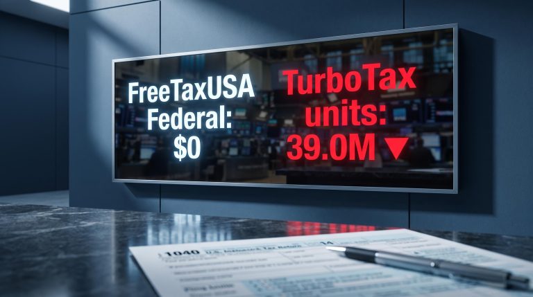 TurboTax unit decline and FreeTaxUSA $0 pricing gap on a backlit financial display — Intuit stock analysis