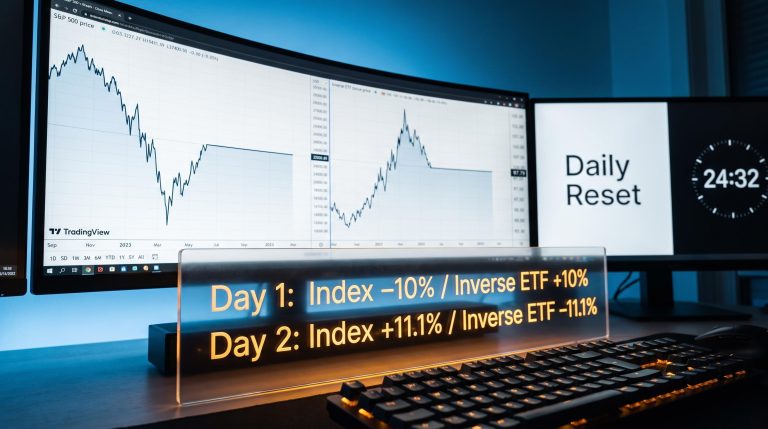 Trading screen showing inverse ETF ending at 97.79 while index returns flat — volatility decay concept