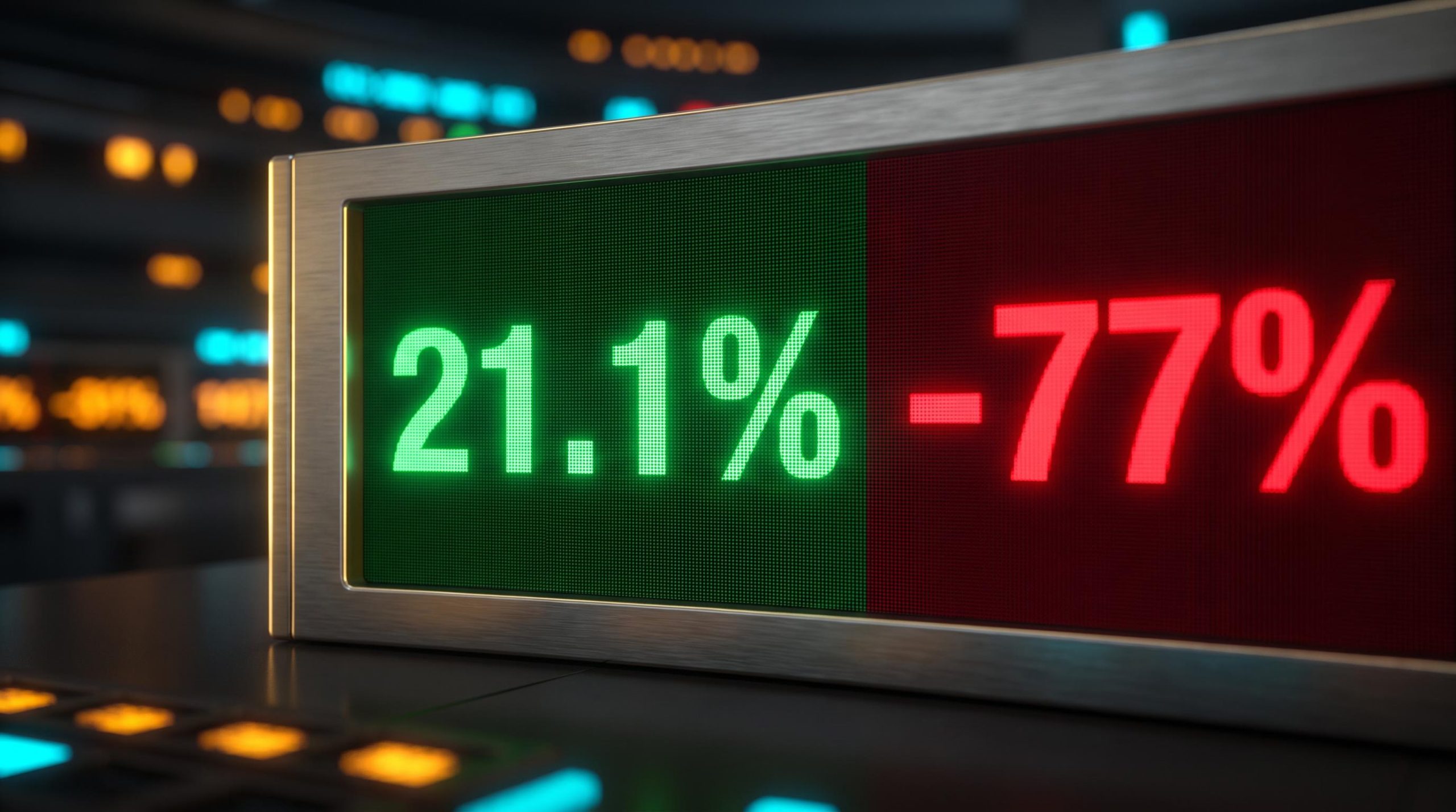 Invesco QQQ ETF split screen showing 21.1% decade gain versus 77% dot-com crash loss