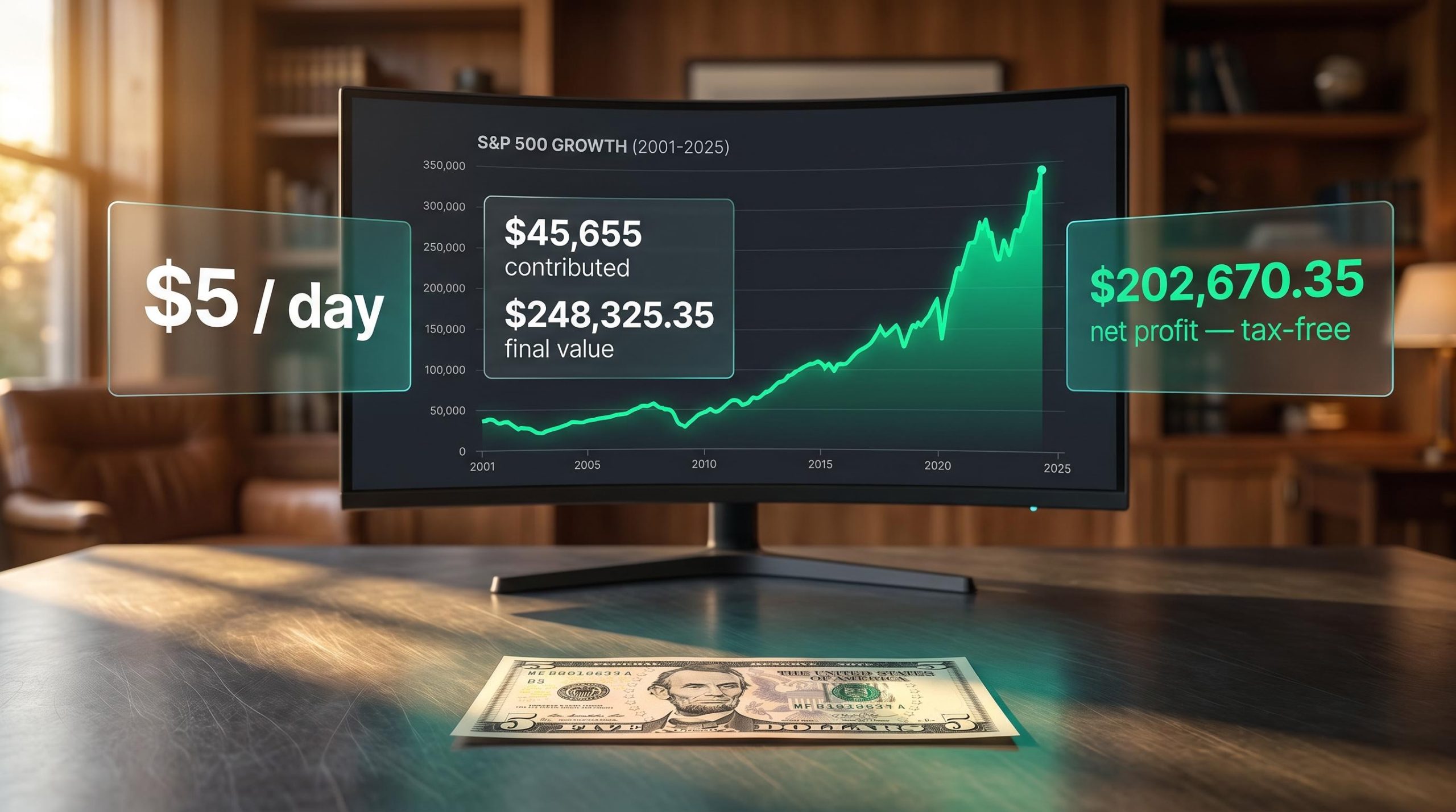 Brokerage screen shows $248,325.35 portfolio growth from $5 a day over 25 years with a $5 bill in foreground