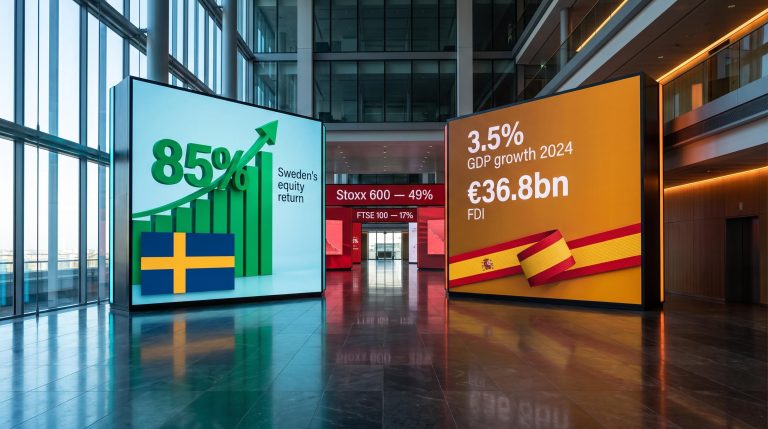 Spain vs Sweden equity returns split-panel display showing 85% and 3.5% GDP growth against Stoxx 600 investing in European markets