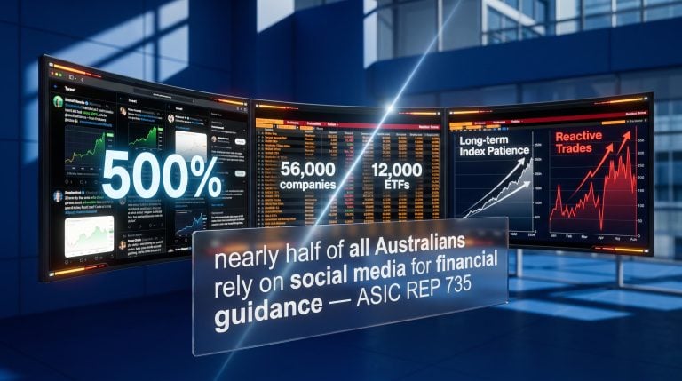 Wall of financial monitors showing social media feeds, "500%" returns, and 56,000 investment options illustrating decision-making overload