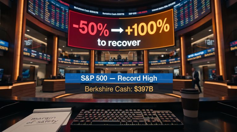 Trading wall displaying -50% loss vs 100% recovery with Berkshire's $397B cash position — investment portfolio risks
