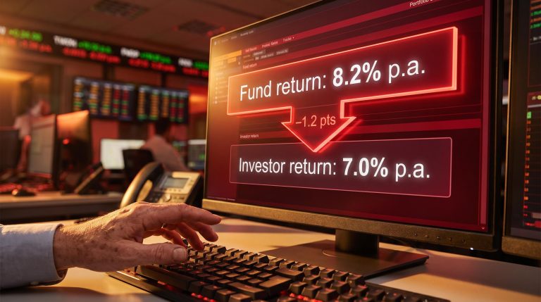 Portfolio screen showing 8.2% fund return vs 7.0% investor return, illustrating the 1.2pt investor behaviour gap
