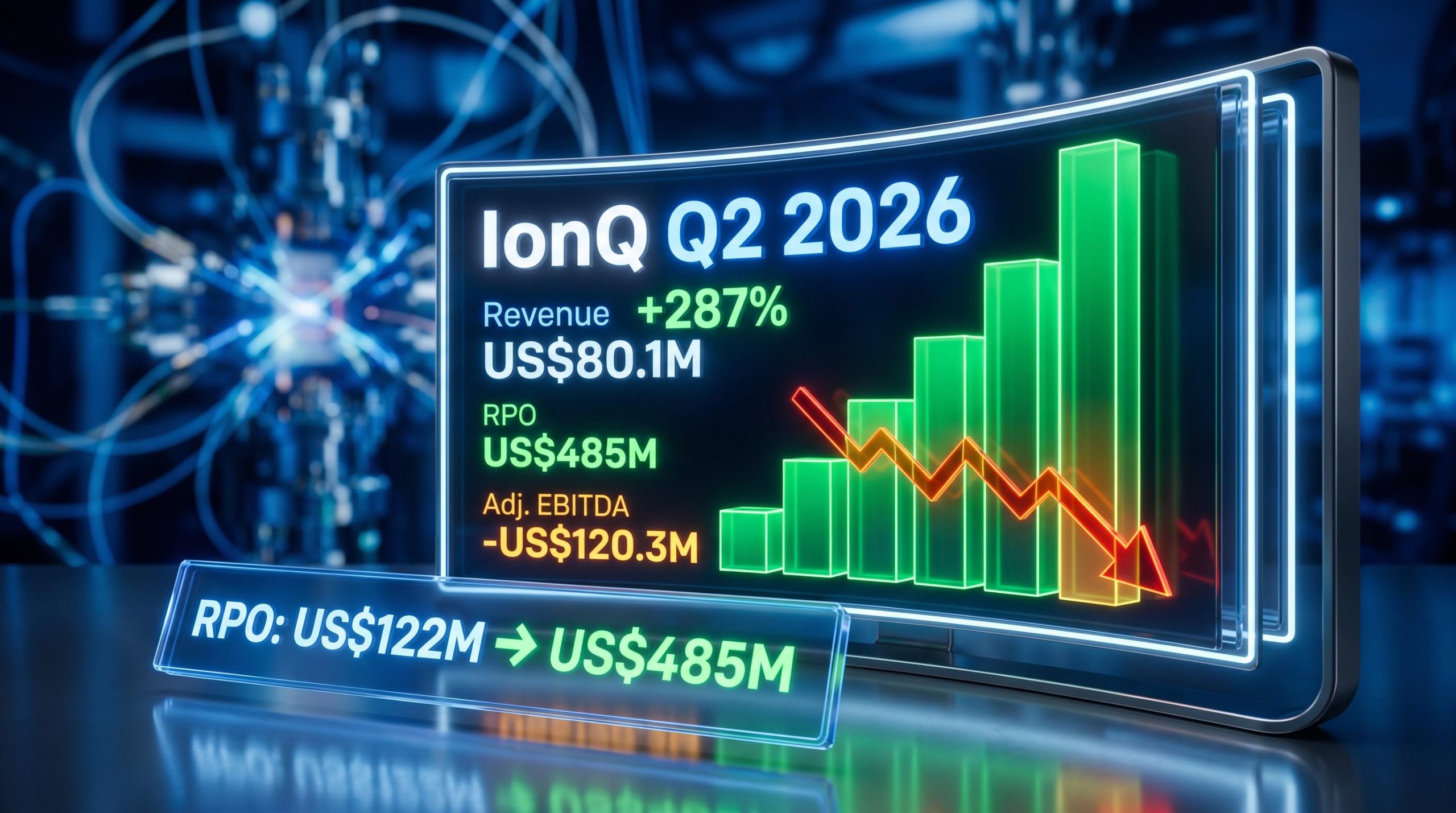 IonQ Q2 2026 earnings dashboard showing 287% revenue growth and US$485M backlog against EBITDA loss