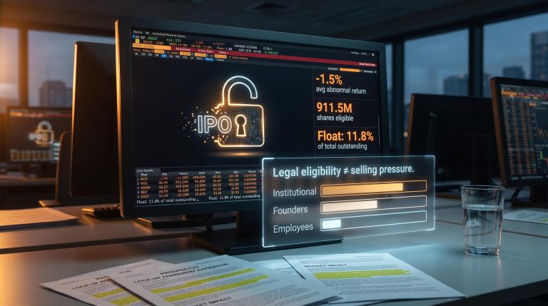 IPO lockup expiration trading terminal showing -1.5% avg abnormal return and 911.5M shares eligible data panels